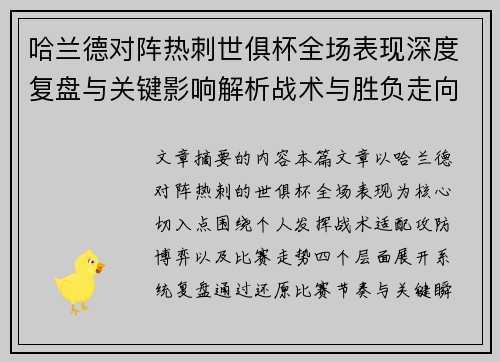 哈兰德对阵热刺世俱杯全场表现深度复盘与关键影响解析战术与胜负走向